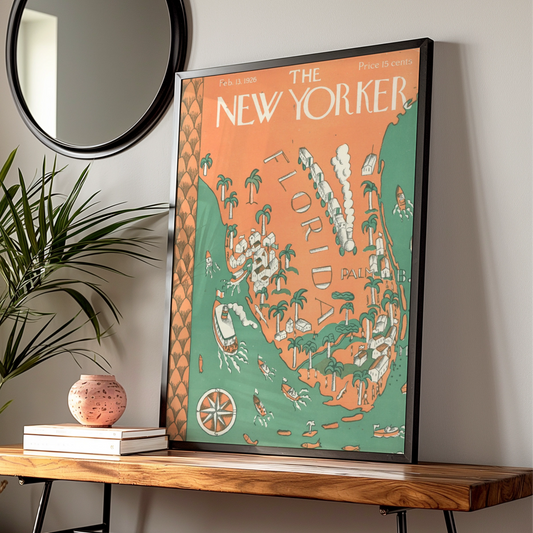 The New Yorker 1926 Florida Map Poster, Vintage Travel Wall Art, Palm Beach Print