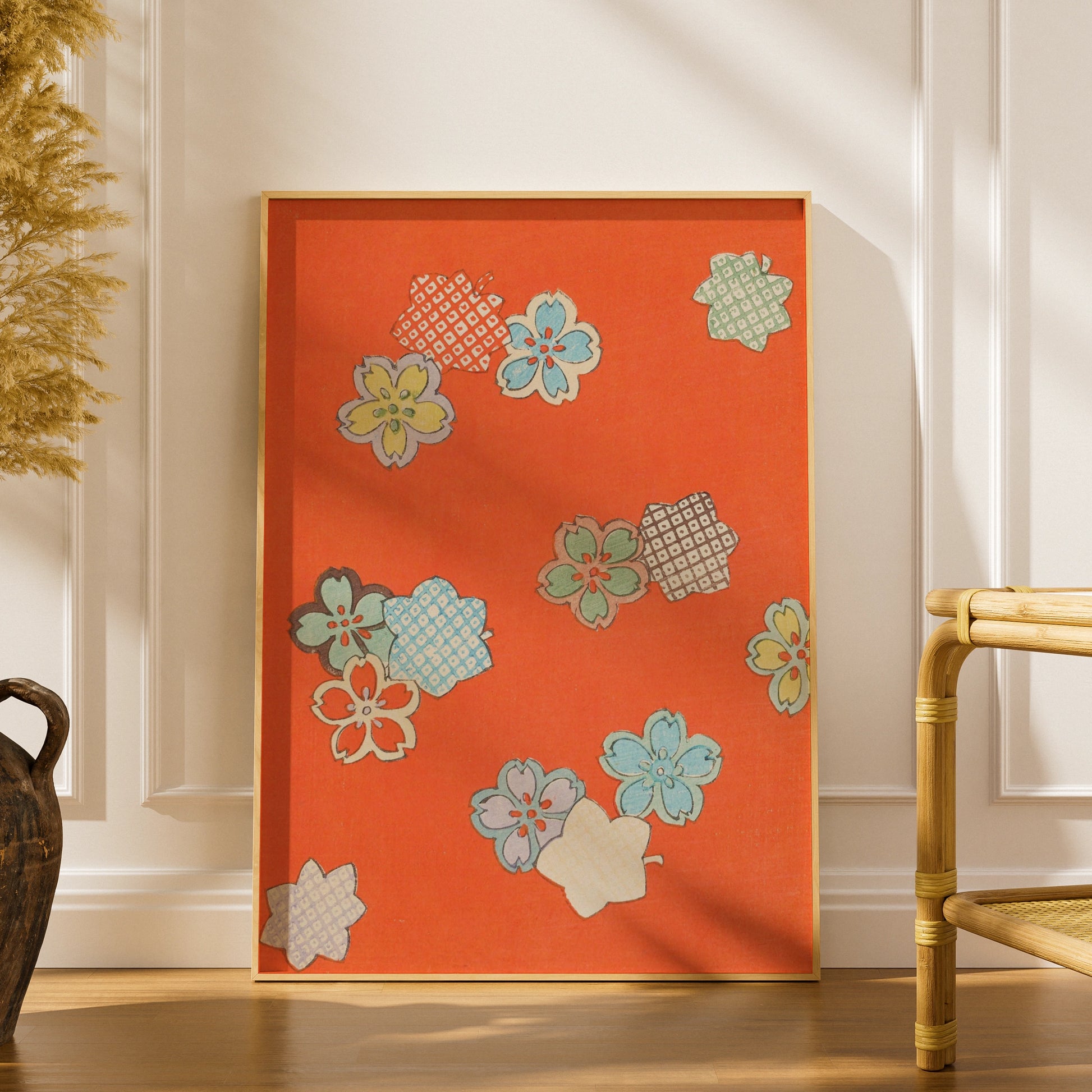 Vintage Japanese Sakura Floral Print, Orange Woodblock Wall Art, Japandi Poster – A5 print