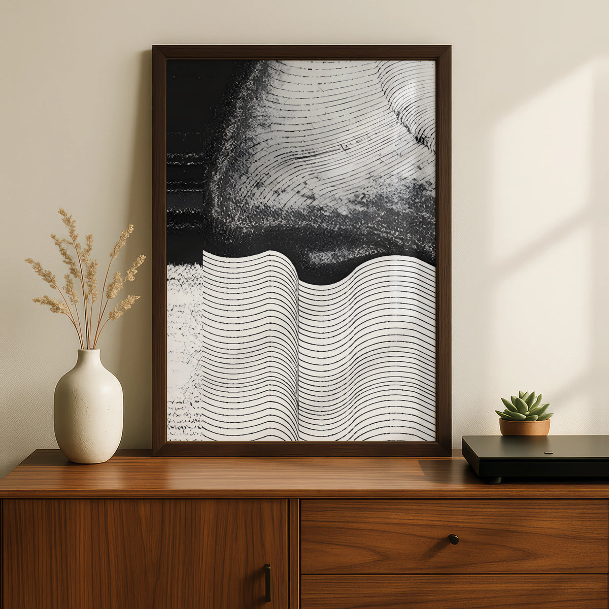Abstract Wave Lines Monochrome Wall Art, Black and White Minimalist Print, Modern Poster