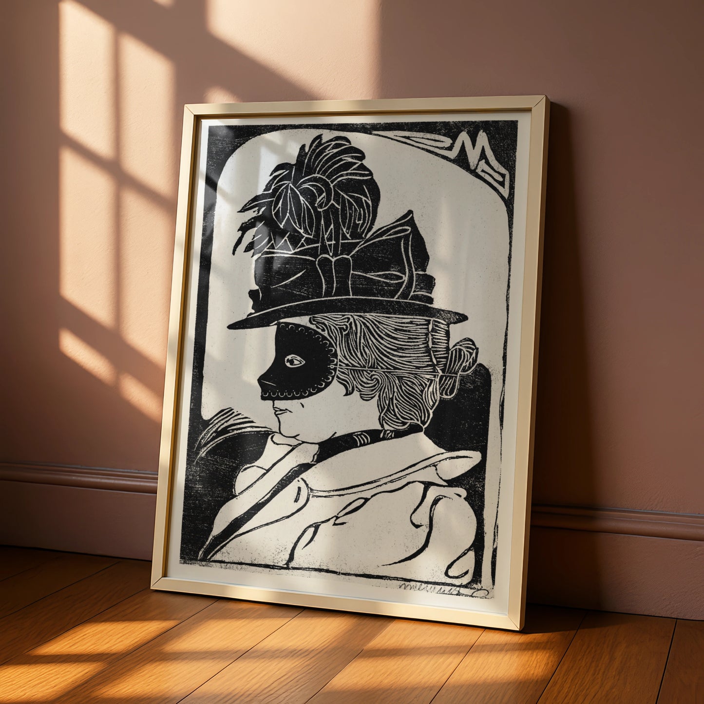 Halloween Masquerade Mask Poster, Black White Woodcut Wall Art, Vintage Witch Print