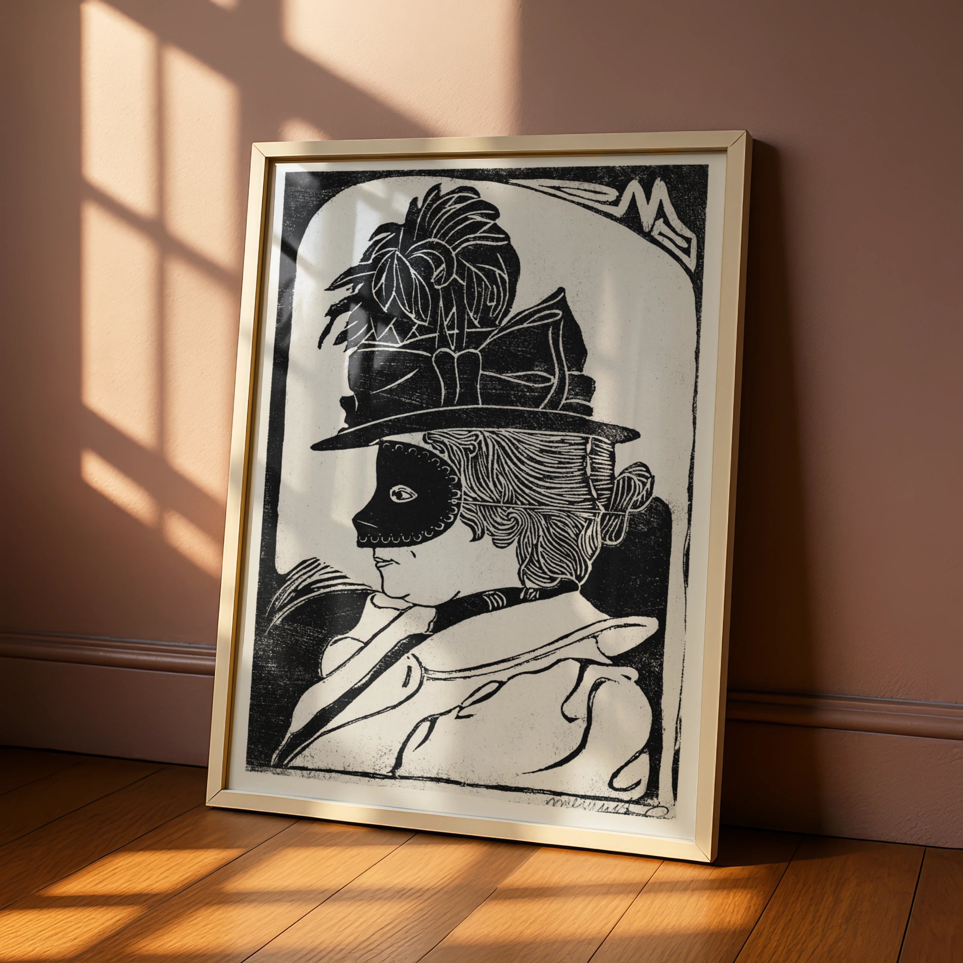 Halloween Masquerade Mask Poster, Black White Woodcut Wall Art, Vintage Witch Print