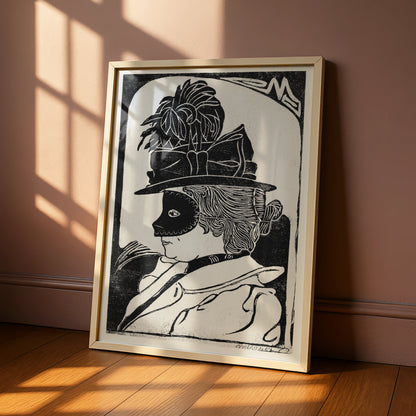 Halloween Masquerade Mask Poster, Black White Woodcut Wall Art, Vintage Witch Print