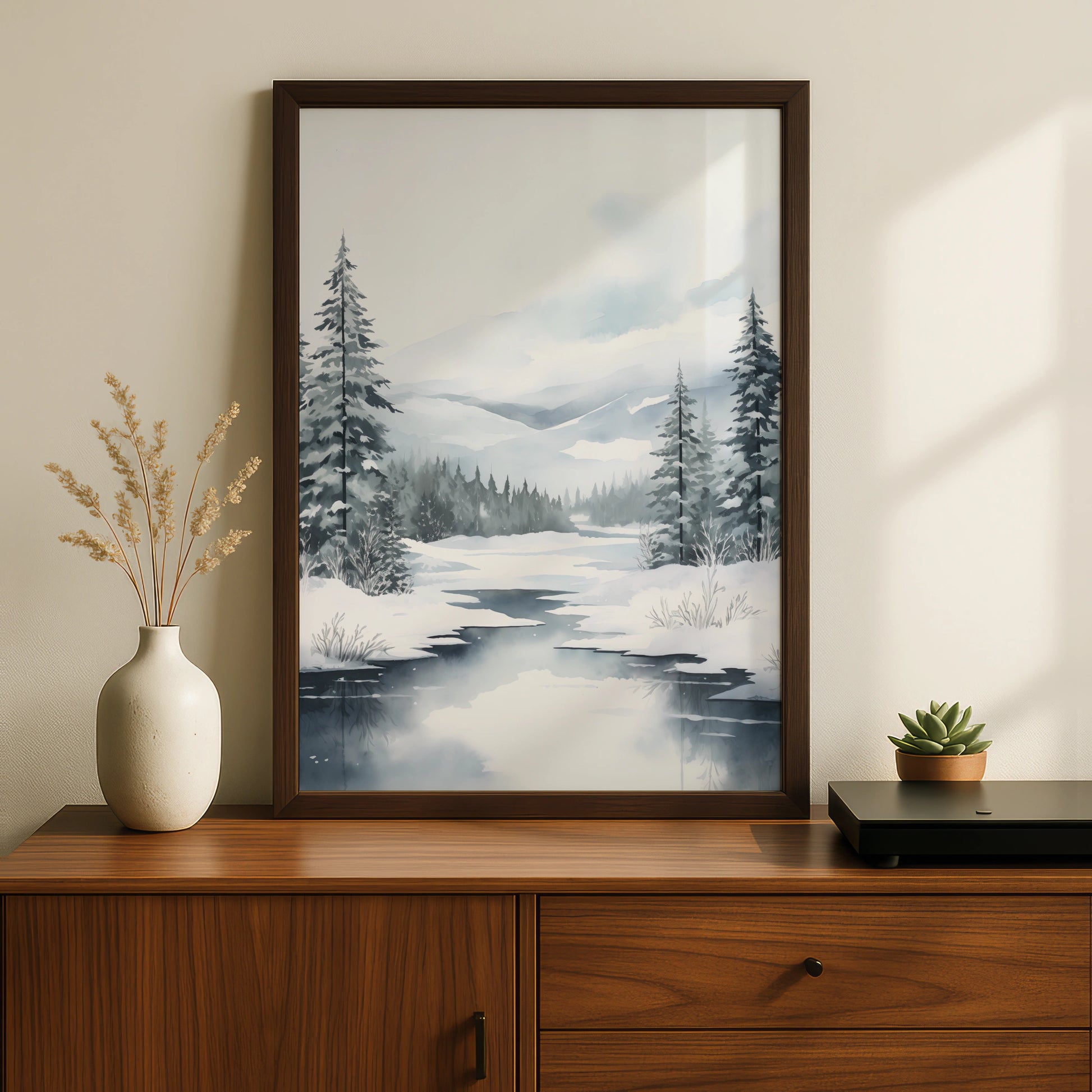 Christmas Winter Landscape Poster, Snowy Forest Pine Trees, Watercolour Wall Art Print