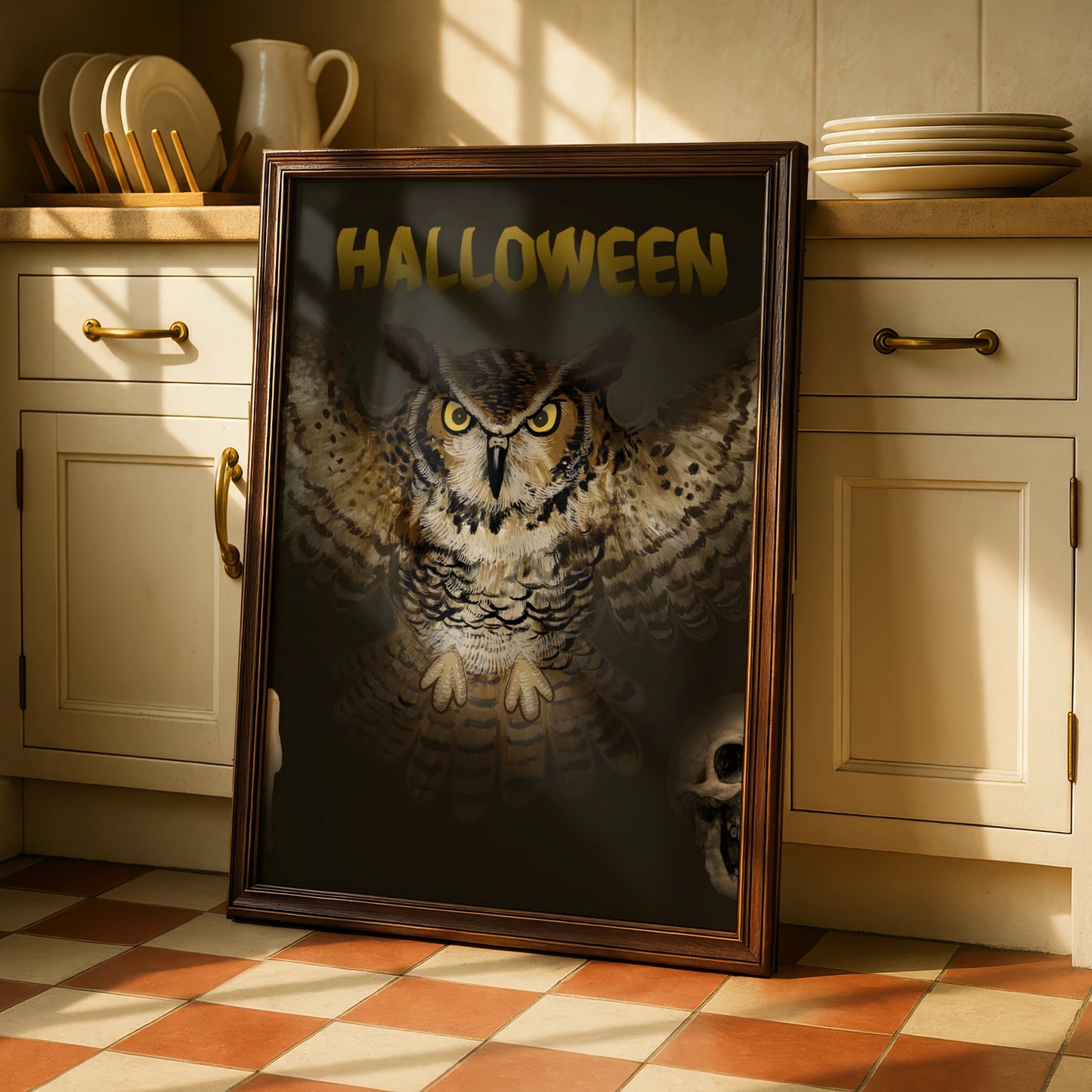 Halloween Owl Poster, Spooky Owl Wall Art, Dark Gothic Print, Skull Candle Decor