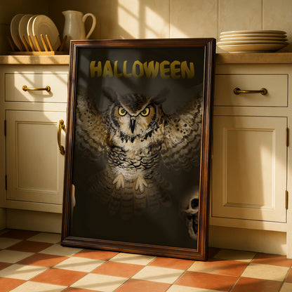 Halloween Owl Poster, Spooky Owl Wall Art, Dark Gothic Print, Skull Candle Decor