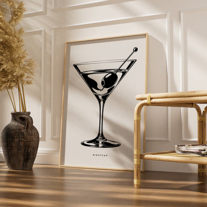 Martini Glass Print, Nightcap Cocktail Poster, Monochrome Wall Art, Black and White Bar Decor