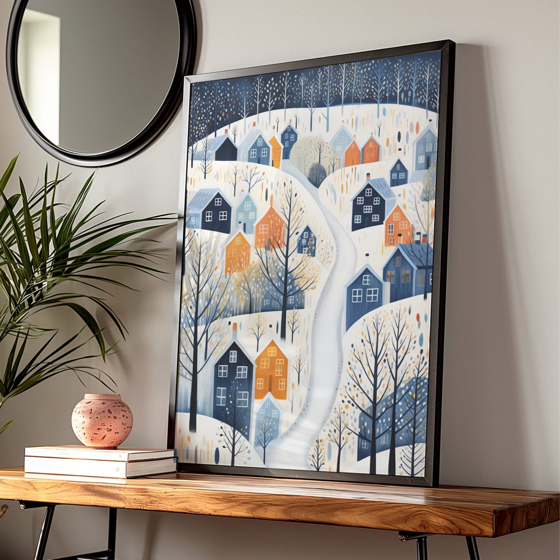 Christmas Winter Village Poster, Snowy Town Wall Art, Nordic Scandi Festive Print