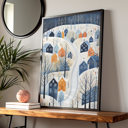 Christmas Winter Village Poster, Snowy Town Wall Art, Nordic Scandi Festive Print