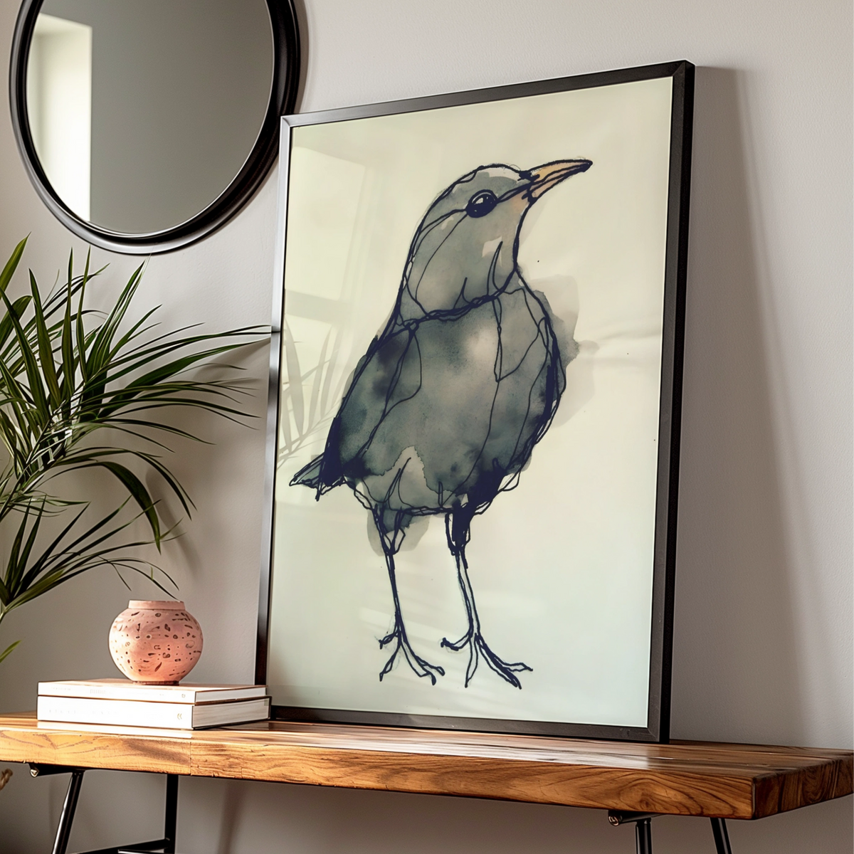 Blackbird Ink Sketch Print, Monochrome Wall Art, Minimalist Bird Poster, Grey Modern Decor — Digital Download