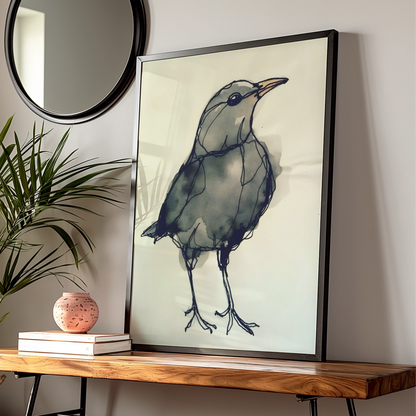 Blackbird Ink Sketch Print, Monochrome Wall Art, Minimalist Bird Poster, Grey Modern Decor — Digital Download