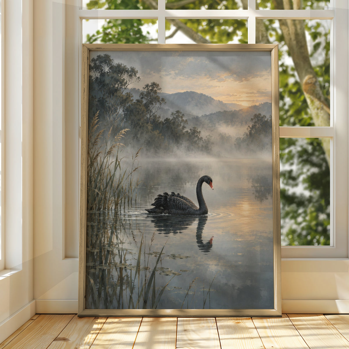 Black Swan Print, Australian Landscape Wall Art, Misty Lake Nature Poster, Wildlife Art