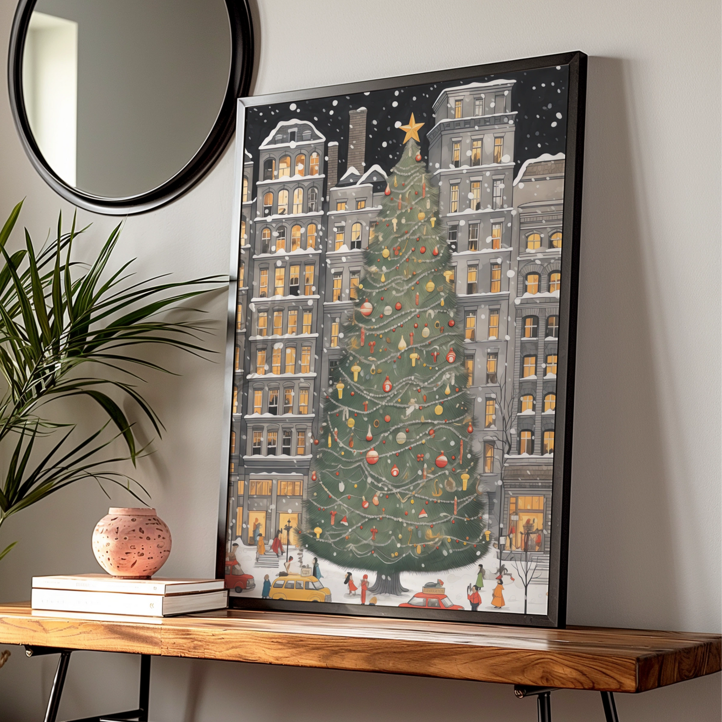 Christmas Tree City Poster, Festive Winter Snow Scene, Holiday Wall Art Print
