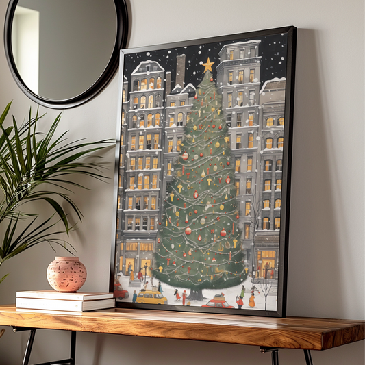 Christmas Tree City Poster, Festive Winter Snow Scene, Holiday Wall Art Print