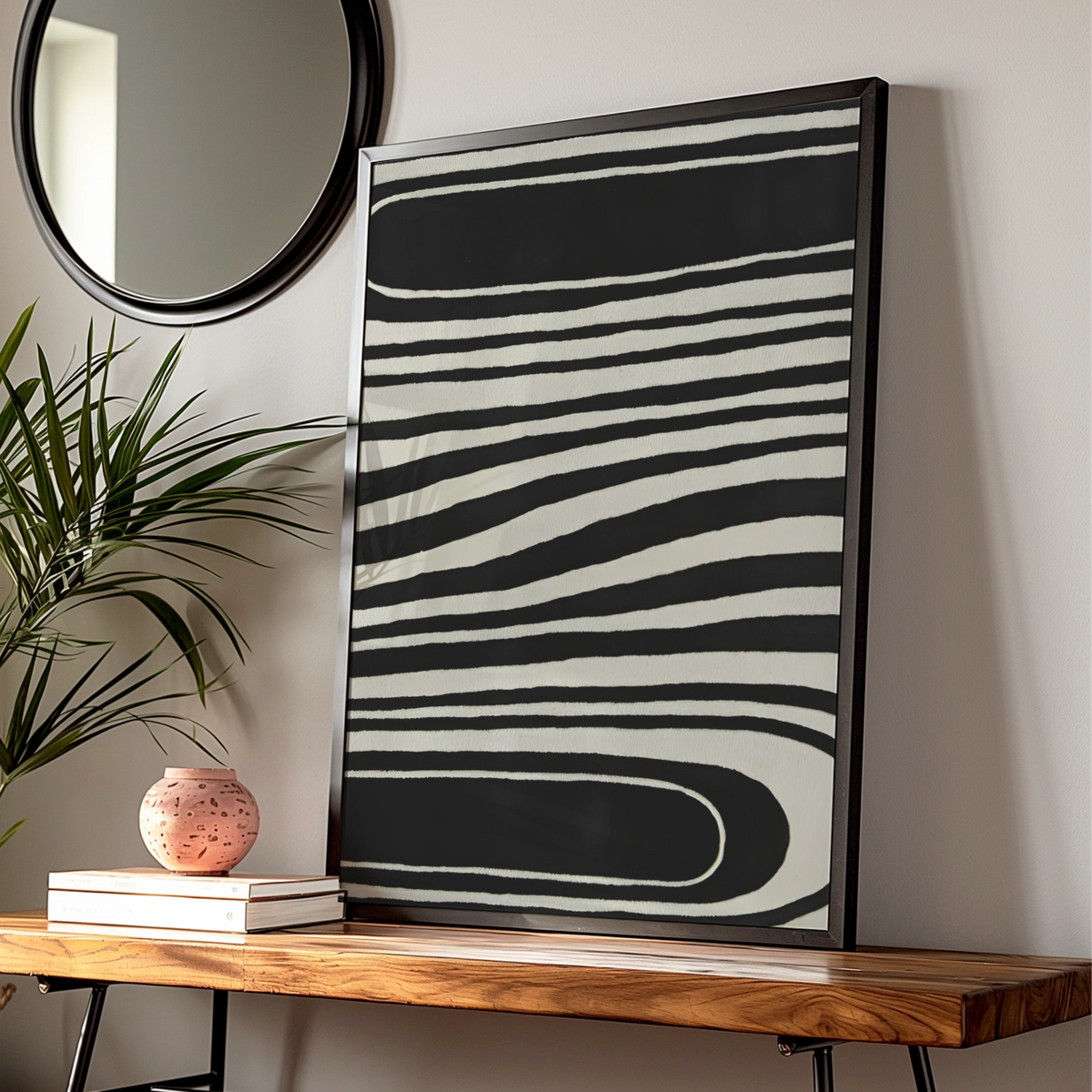 Monochrome Wave Lines Abstract Print, Black White Poster, Modern Minimalist Wall Art