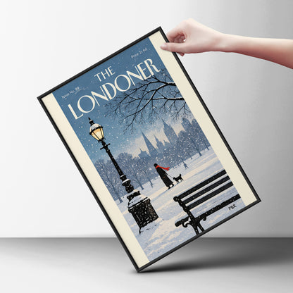 Snowy London Park Poster, Winter Wall Art, Vintage Magazine Cover Print, Lamppost Dog Walker Art