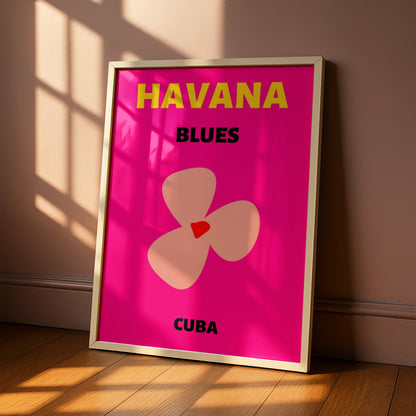 Havana Cuba Travel Poster, Retro Wall Art, Bold Floral Print, Bright Pink Caribbean Decor