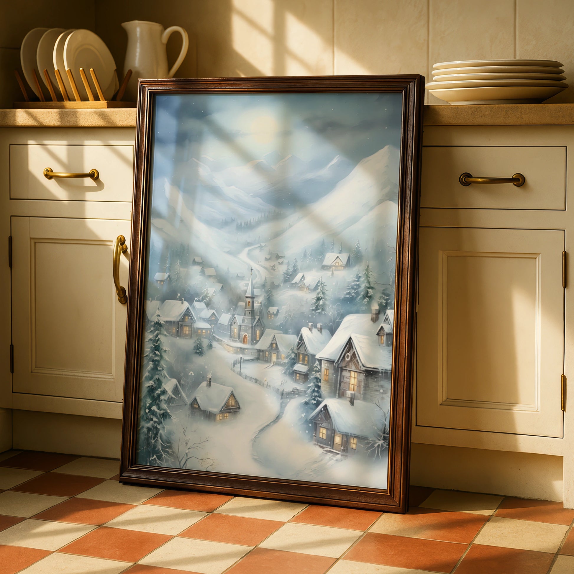 Christmas Village Poster, Snowy Winter Scene Wall Art, Festive Holiday Print, Blue Grey Cottage