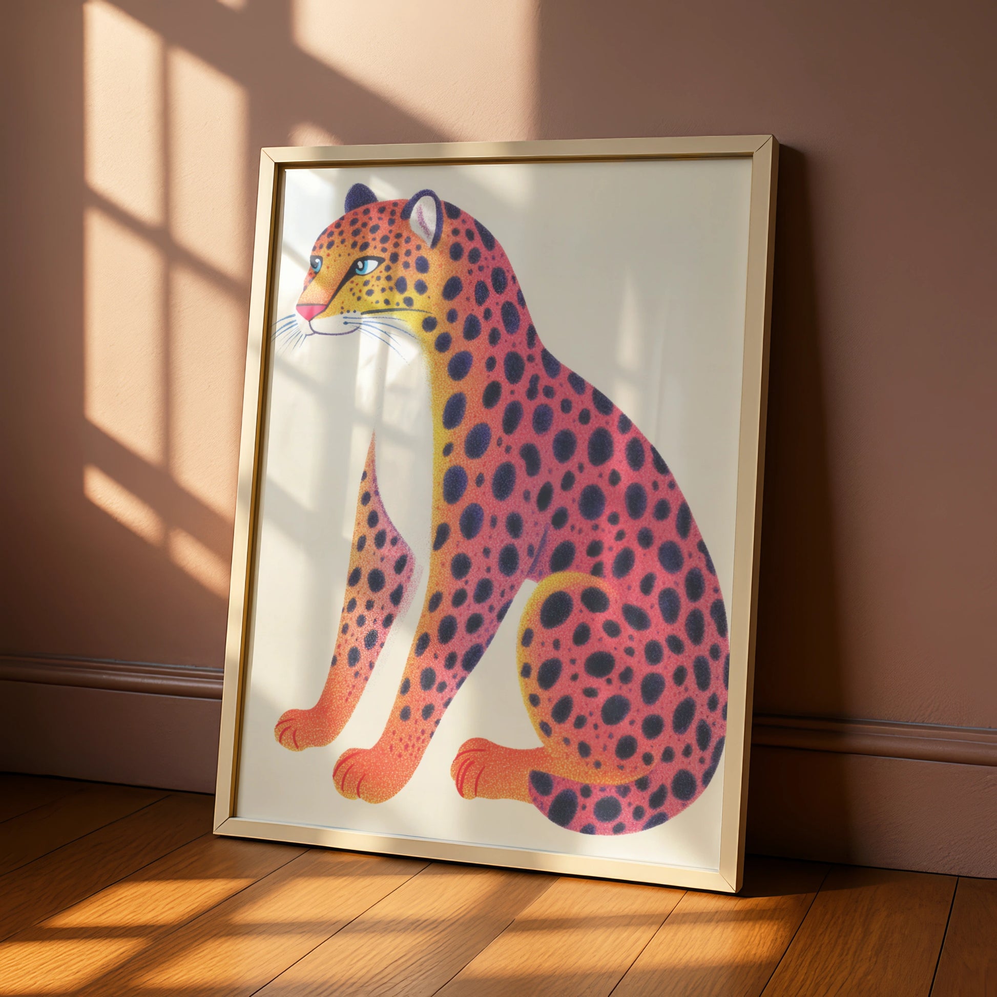 Colourful Leopard Nursery Wall Art, Kids Animal Print, Pink Orange Cheetah Poster