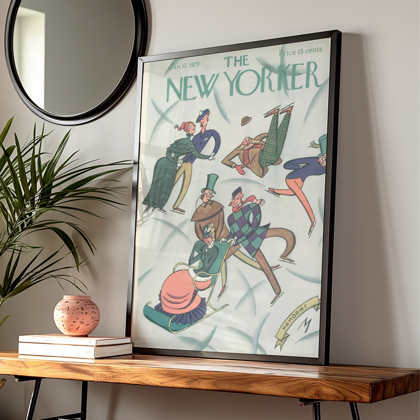 New Yorker 1929 Ice Skating Cover Poster, Vintage Winter Art Print, Retro Wall Art
