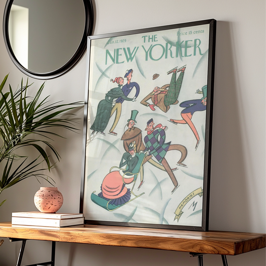 New Yorker 1929 Ice Skating Cover Poster, Vintage Winter Art Print, Retro Wall Art