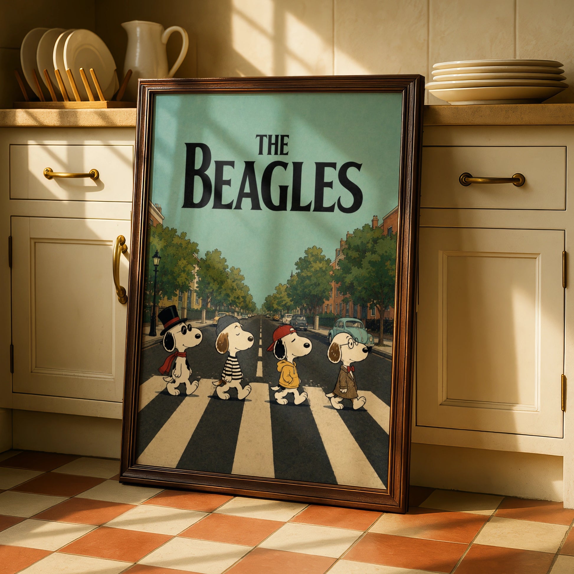 The Beagles Cartoon Dog Wall Art, Funny Music Poster, Abbey Road Print, Gift