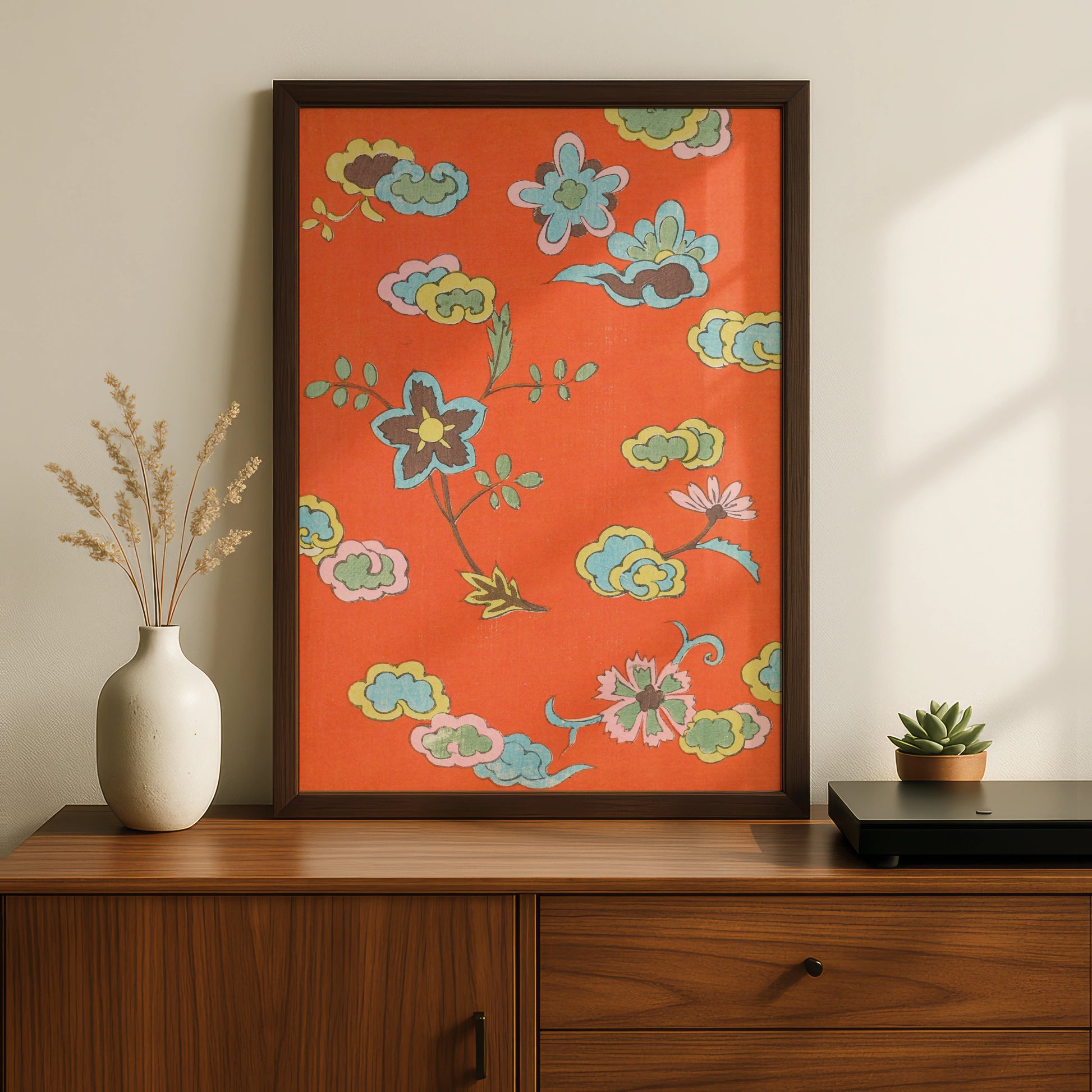 Vintage Japanese Botanical Print, Floral Woodblock Wall Art, Orange Japandi Poster – A5 Black frame