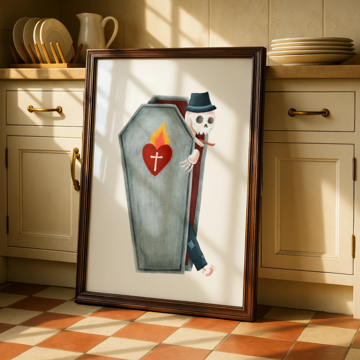 Halloween Skeleton Coffin Poster, Spooky Skull Wall Art, Sacred Heart Halloween Print, Gothic Decor