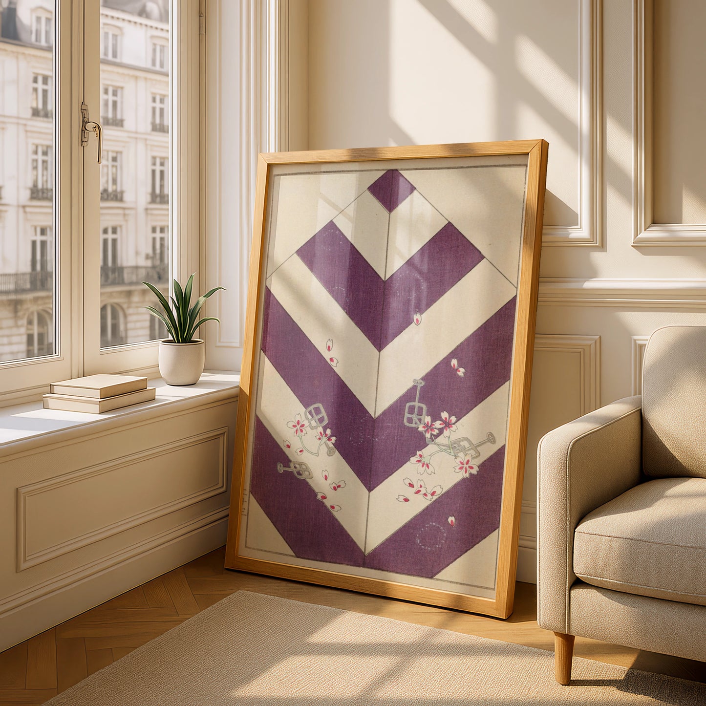 Japanese Woodblock Wall Art, Vintage Bijutsukai 1901 Purple Chevron Cherry Blossom Print – A5 Oak frame