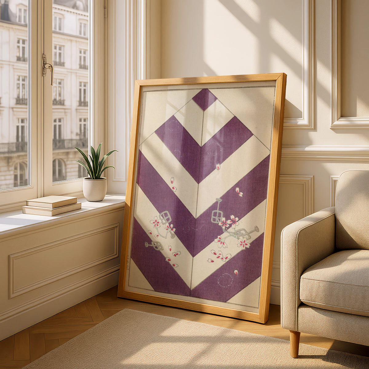 Japanese Woodblock Wall Art, Vintage Bijutsukai 1901 Purple Chevron Cherry Blossom Print – A5 Oak frame