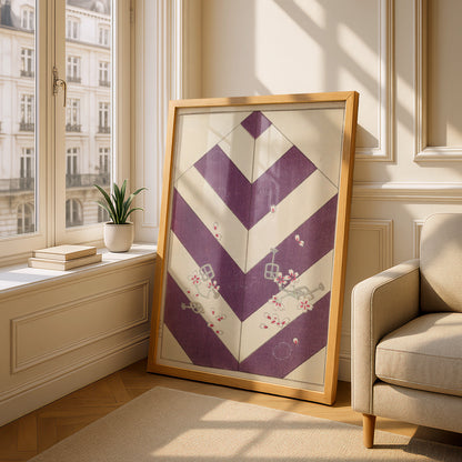 Japanese Woodblock Wall Art, Vintage Bijutsukai 1901 Purple Chevron Cherry Blossom Print – A5 Oak frame