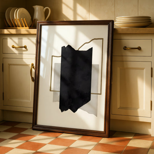 Abstract Black Ink Monochrome Wall Art, Gold Line Minimalist Print, Modern Neutral Poster