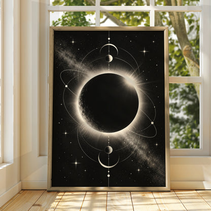 Solar Eclipse Moon Print, Monochrome Wall Art, Celestial Black White Poster, Minimalist Space Decor