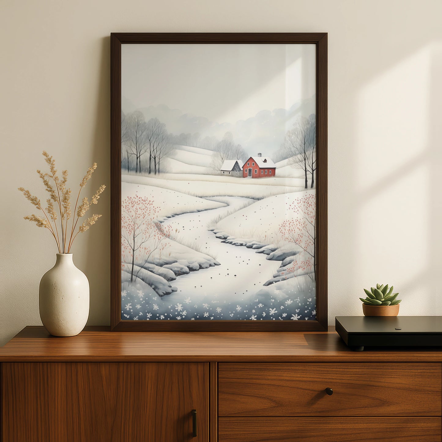 Christmas Winter Landscape Poster, Snowy Red Farmhouse Wall Art, Scandi Style Xmas Print