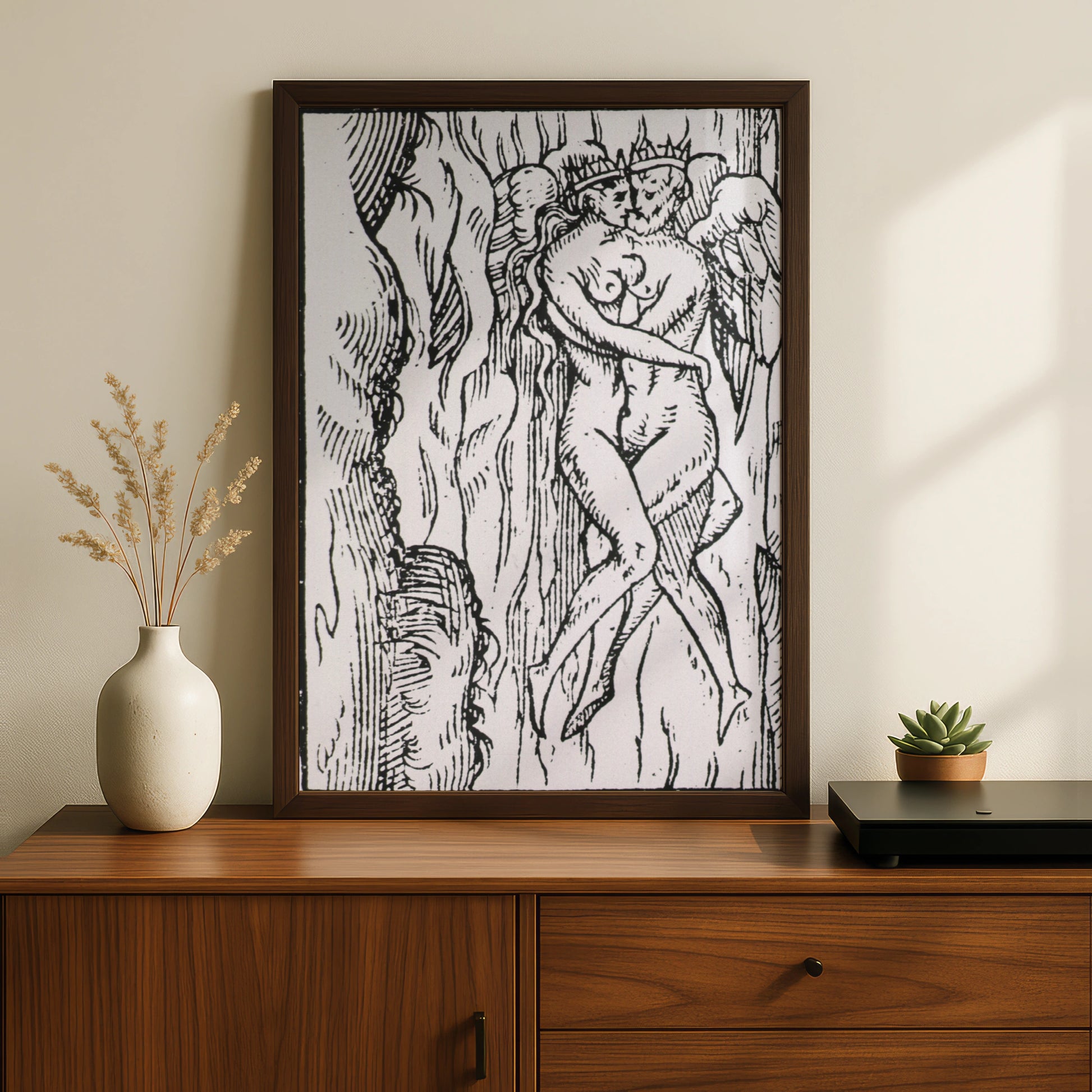 Halloween Dark Art Print, Medieval Woodcut Demon Figure, Gothic Black White Occult Poster Wall Art