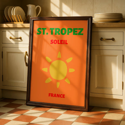 St Tropez Travel Poster, France Retro Wall Art, Cote d'Azur Sun Print, Bold Vintage