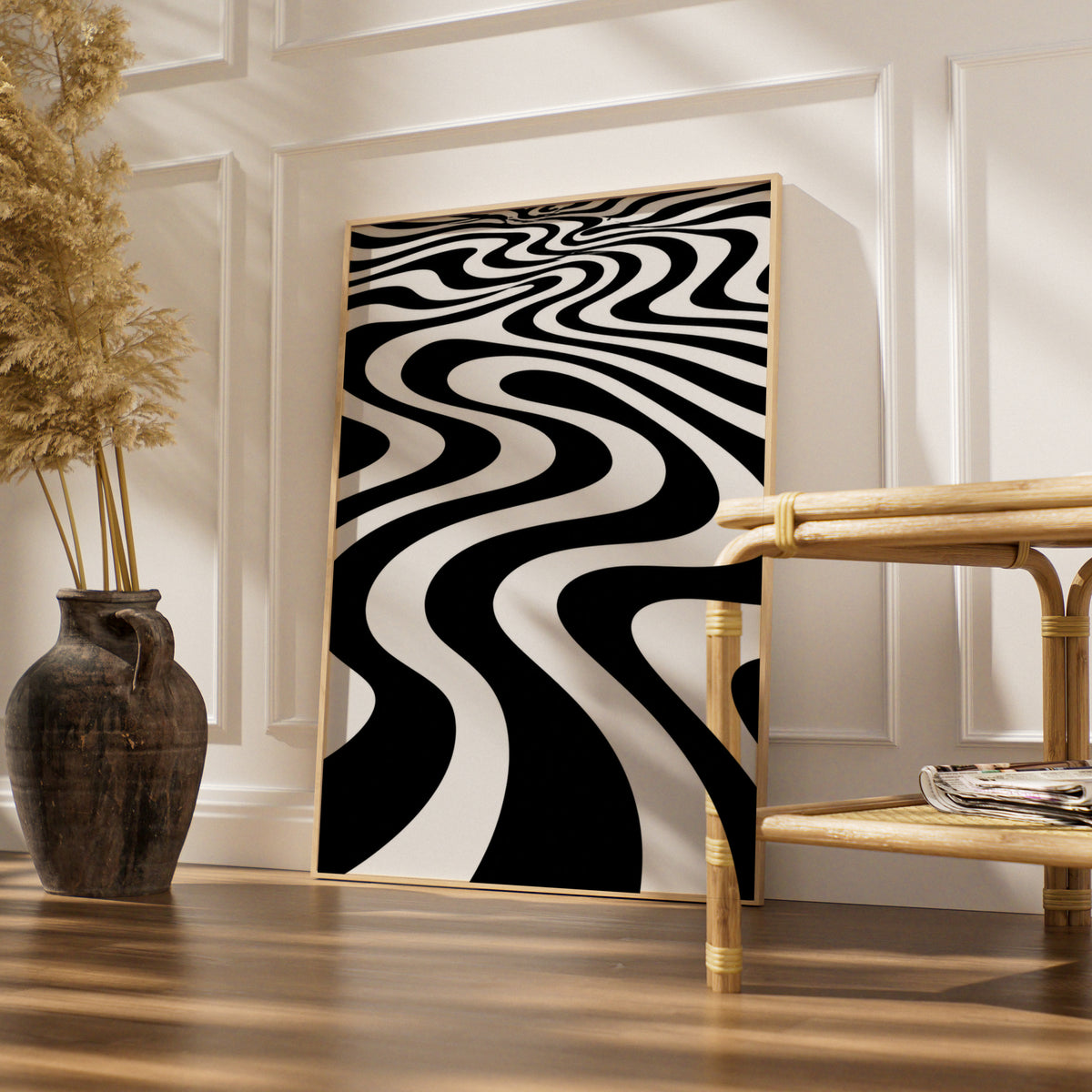 Monochrome Wave Abstract Poster, Black and White Optical Art Print, Modern Wall Decor