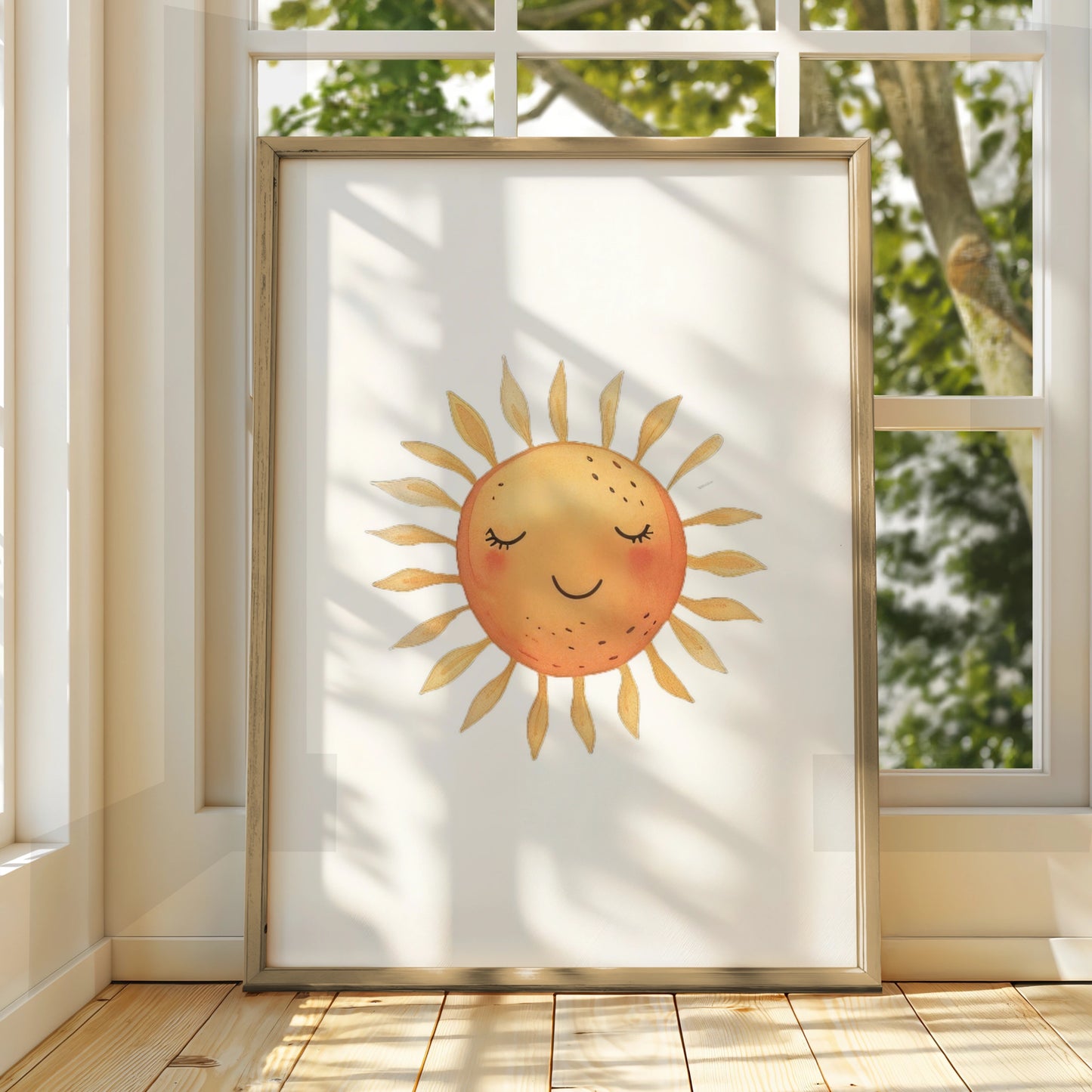 Nursery Sun Wall Art, Cute Smiling Sun Poster, Watercolour Baby Room Print, Kids Decor