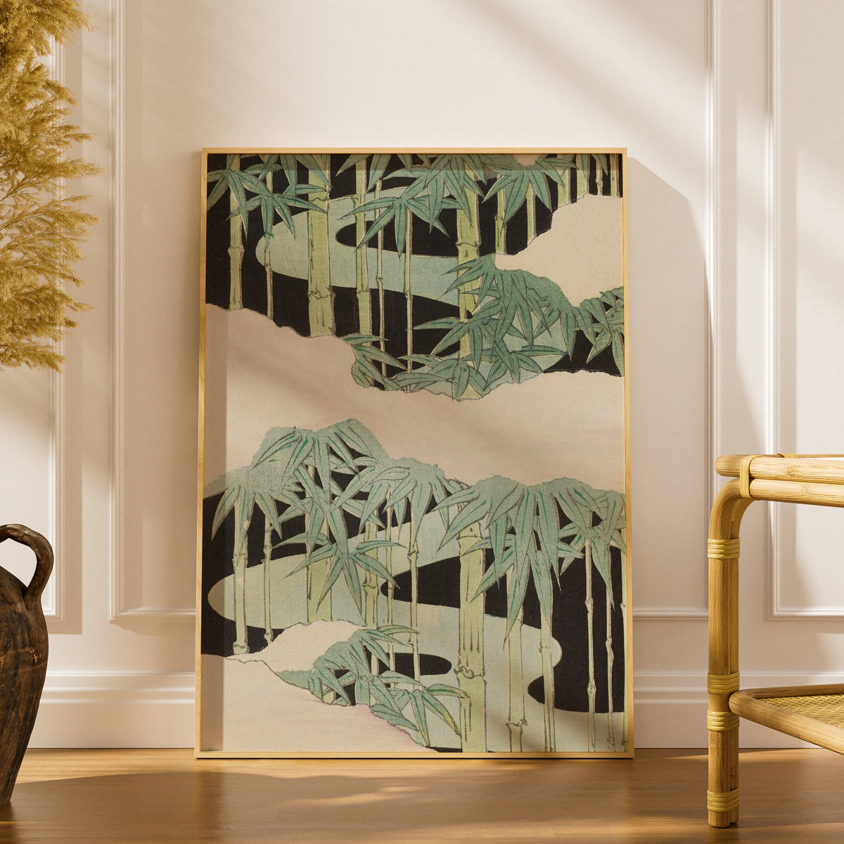 Japanese Bamboo Woodblock Wall Art, Vintage Japandi Botanical Print, Minimalist Green Poster – A5 print