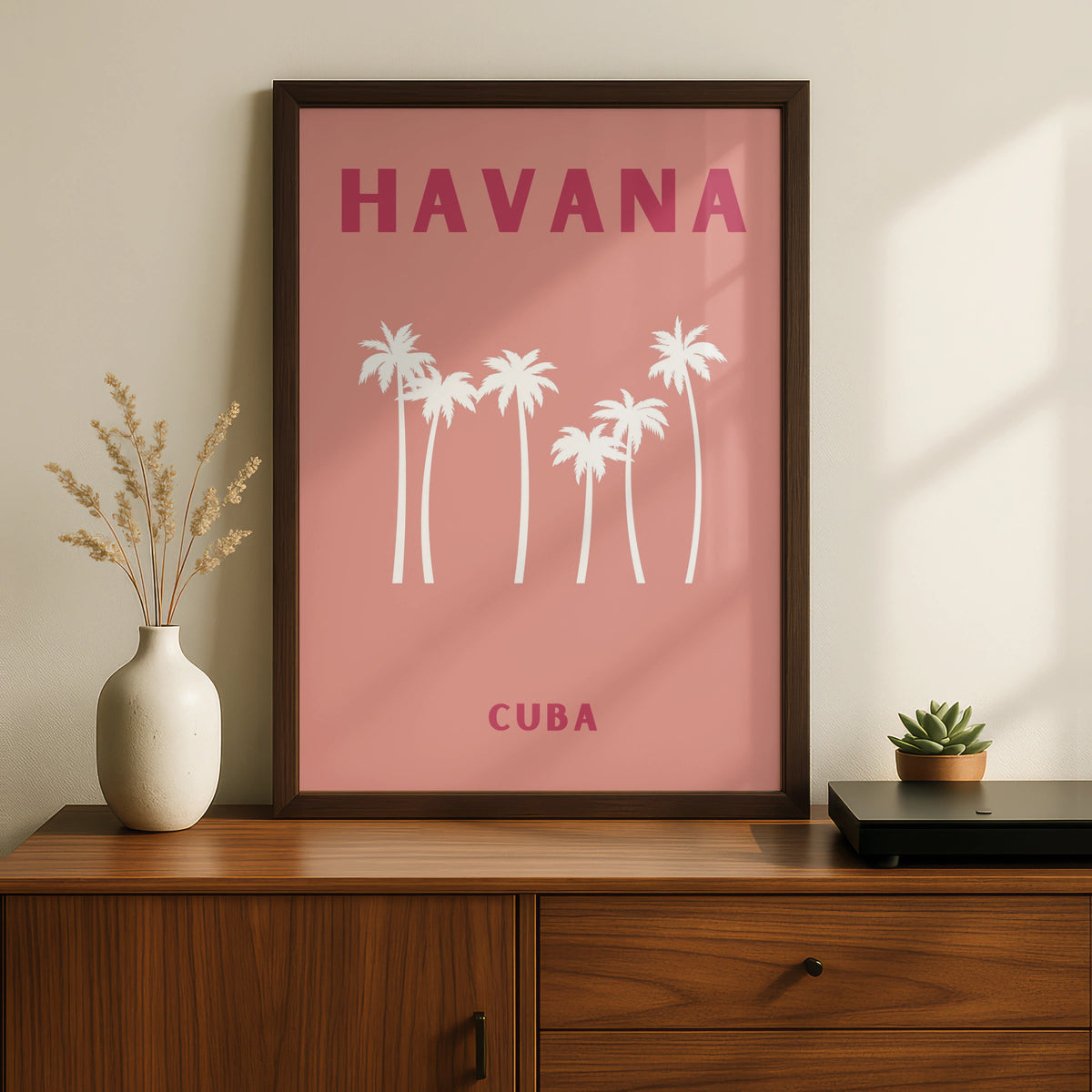 Havana Cuba Travel Poster, Retro Palm Tree Wall Art, Pink Tropical Print