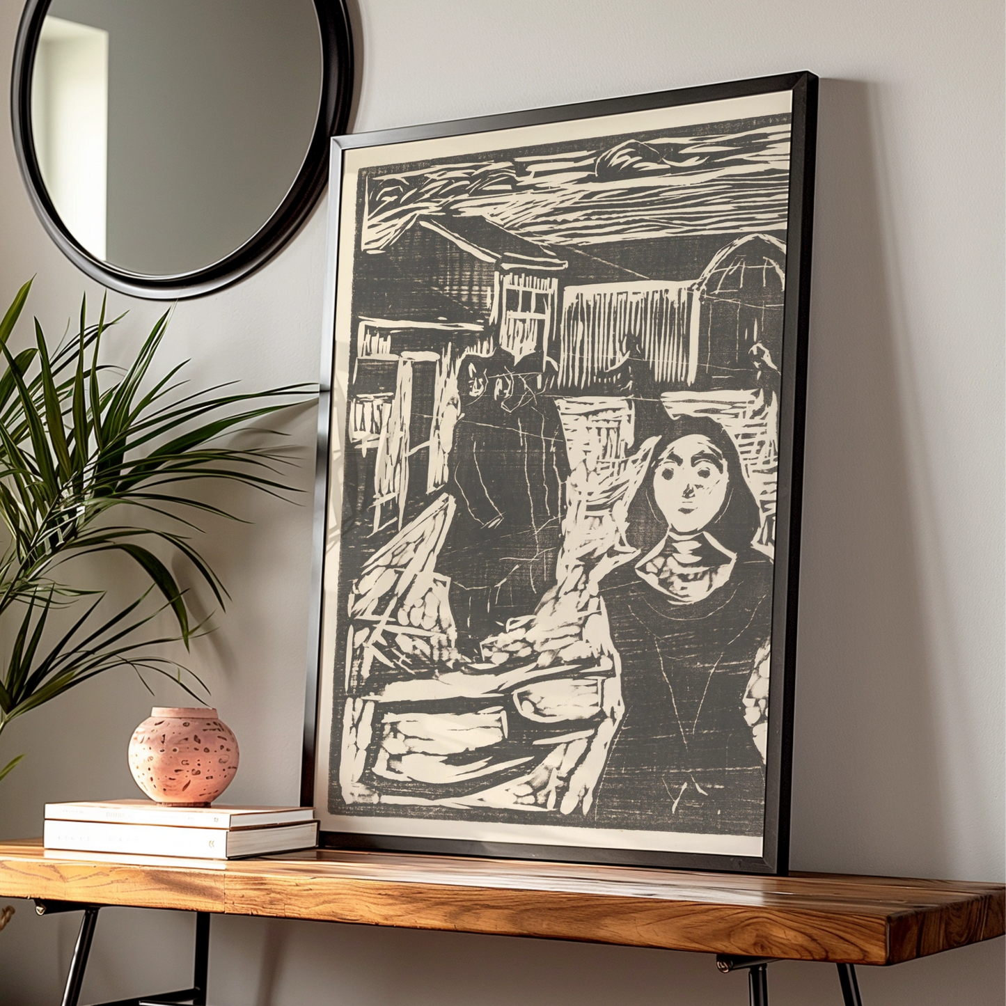 Halloween Woodcut Art Print, Dark Gothic Village Scene, Black White Spooky Wall Art Poster