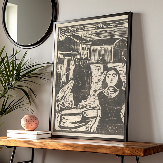 Halloween Woodcut Art Print, Dark Gothic Village Scene, Black White Spooky Wall Art Poster