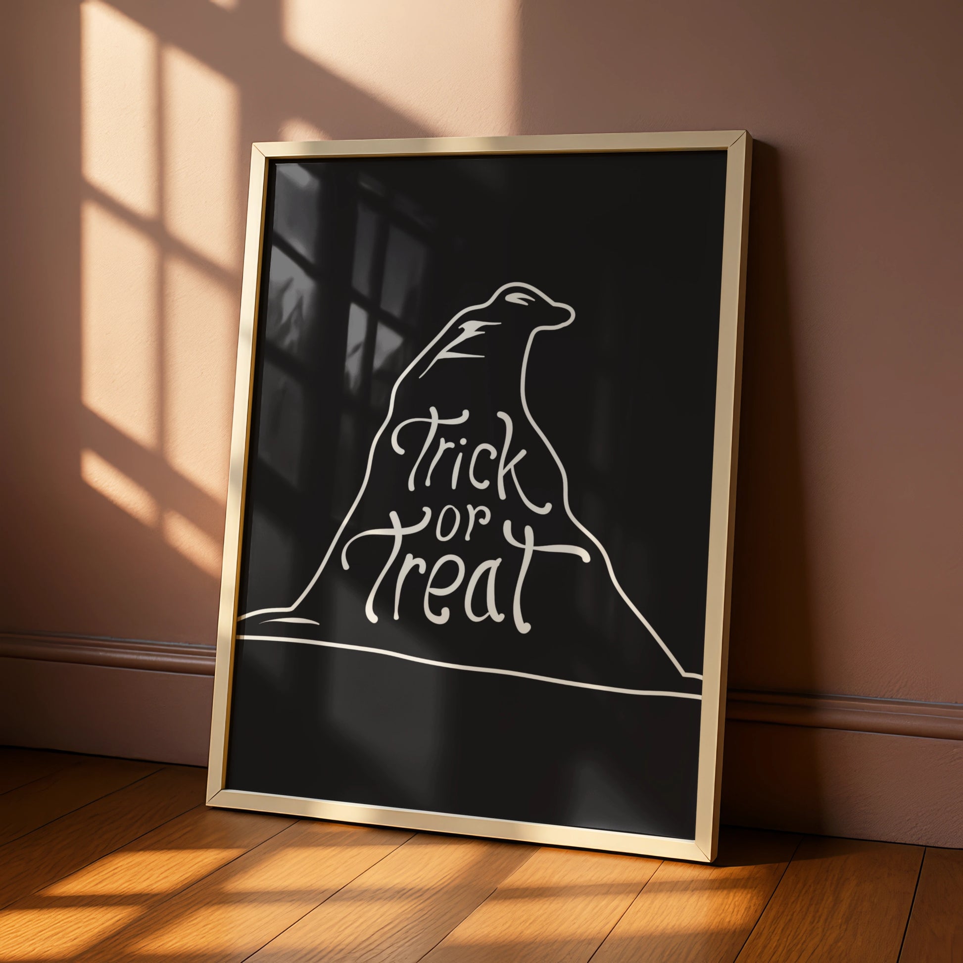 Halloween Trick or Treat Poster, Black Cat Line Art, Spooky Wall Art Print