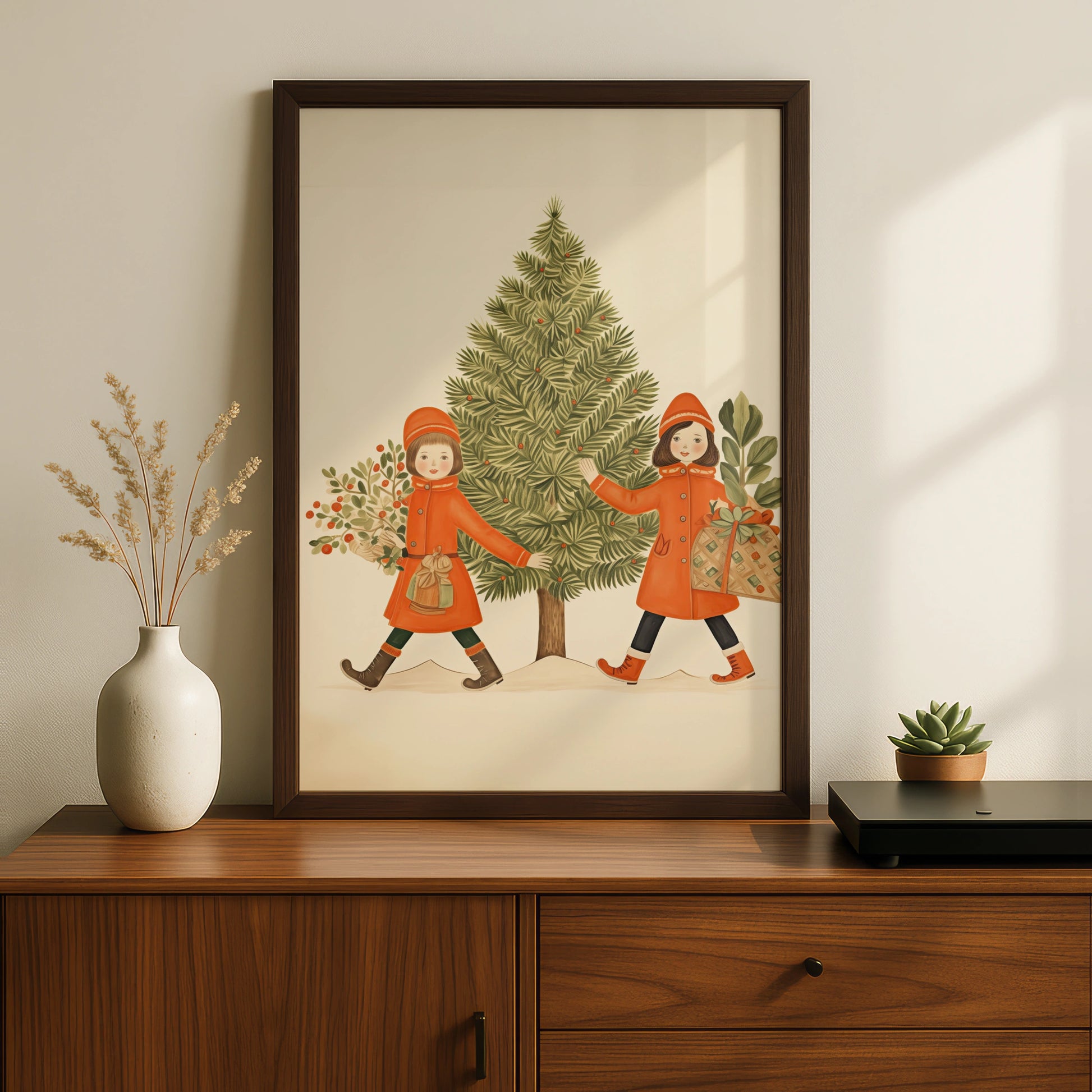 Vintage Christmas Poster, Retro Girls Christmas Tree Print, Festive Holiday Wall Art