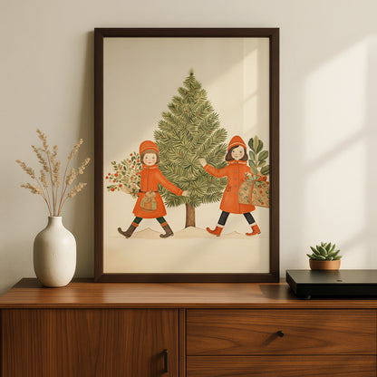 Vintage Christmas Poster, Retro Girls Christmas Tree Print, Festive Holiday Wall Art