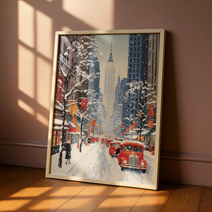 New York Christmas Poster, Snowy NYC Street Art, Empire State Winter Wall Decor Print