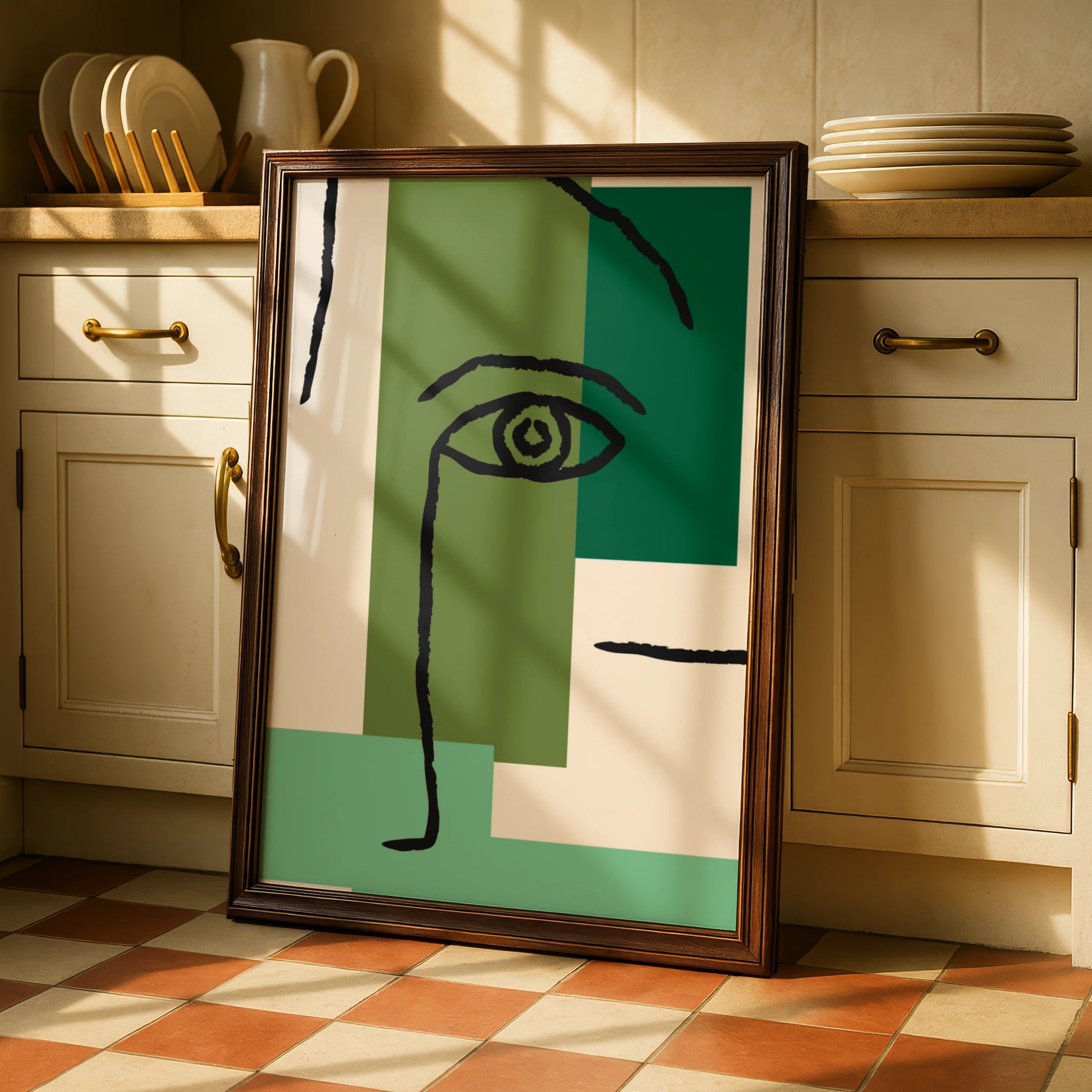 Maximalist Abstract Face Poster, Green Geometric Eye Wall Art, Modern Bold Print