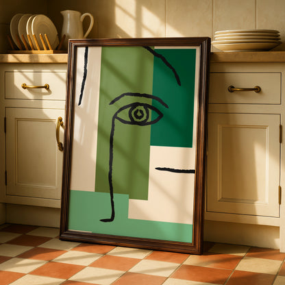 Maximalist Abstract Face Poster, Green Geometric Eye Wall Art, Modern Bold Print