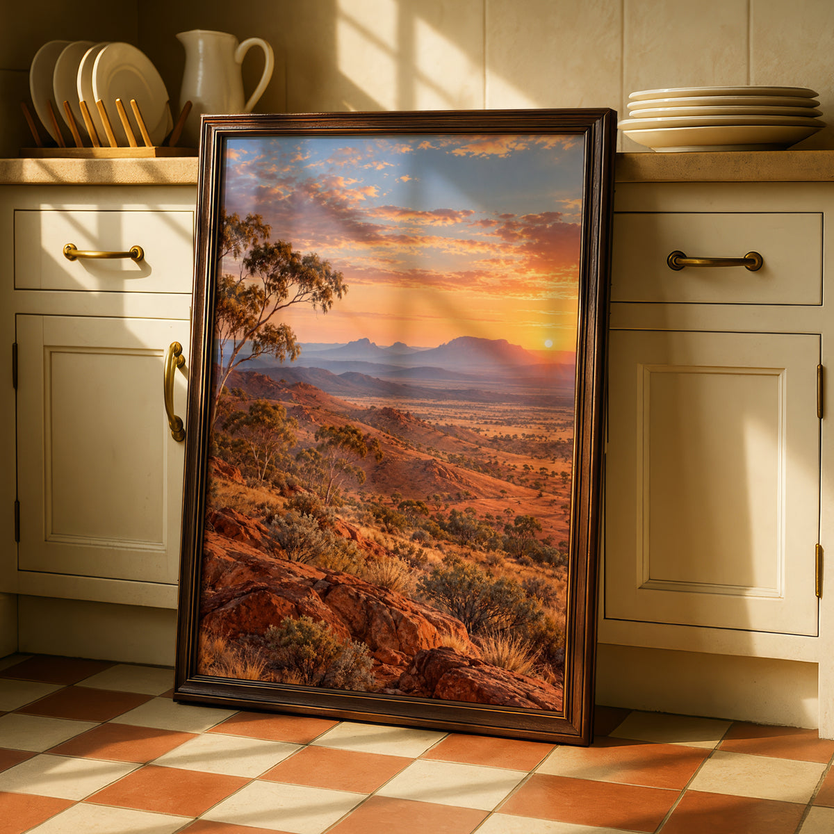 Australian Outback Sunset Landscape Print, Red Earth, Gum Tree, Outback Wall Art