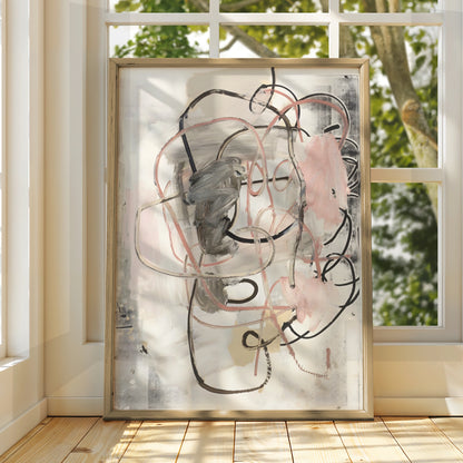 Abstract Line Art Print, Pink Grey Modern Wall Art, Contemporary Monochrome Poster, Gallery Wall
