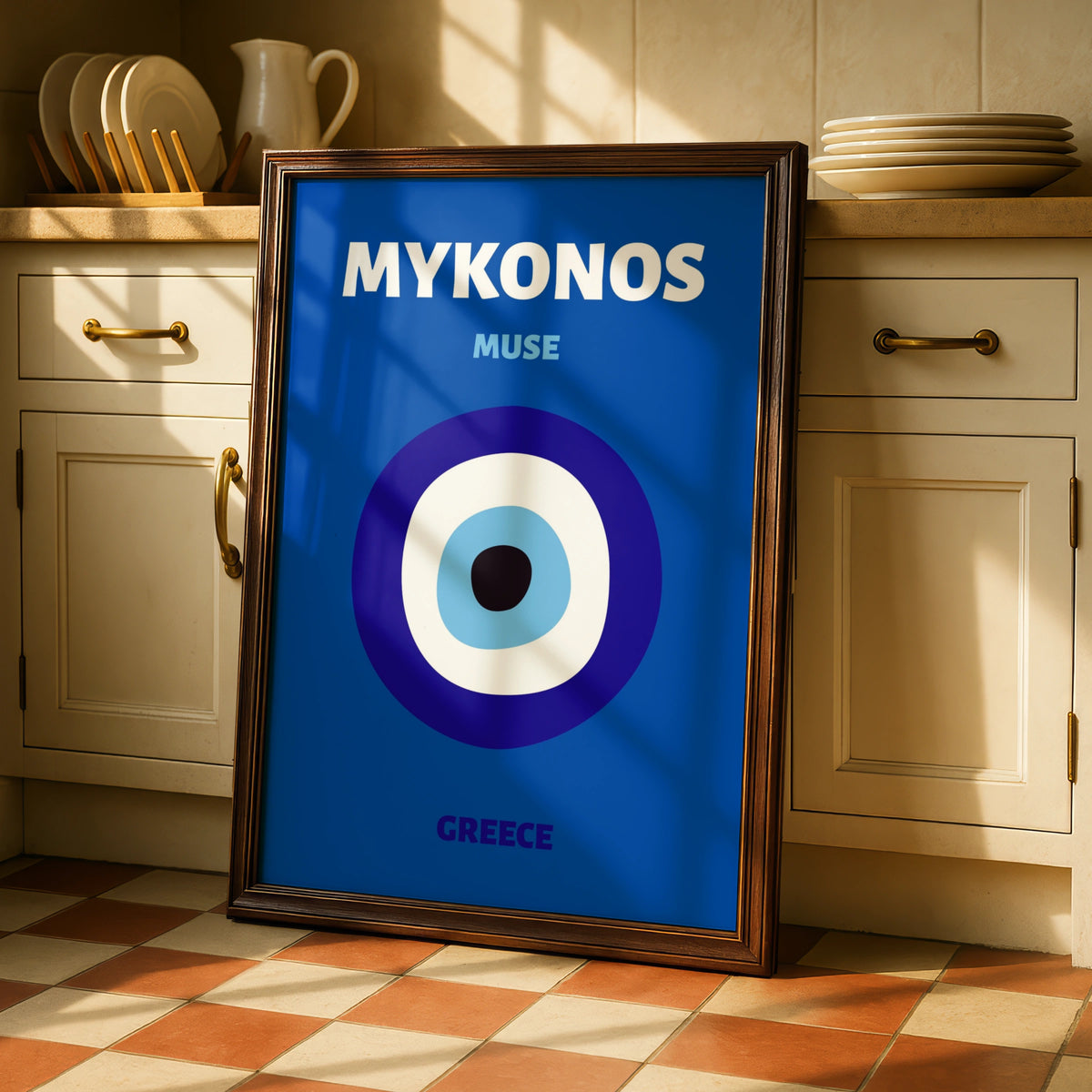 Mykonos Greece Travel Poster, Evil Eye Wall Art, Greek Island Print, Blue Retro
